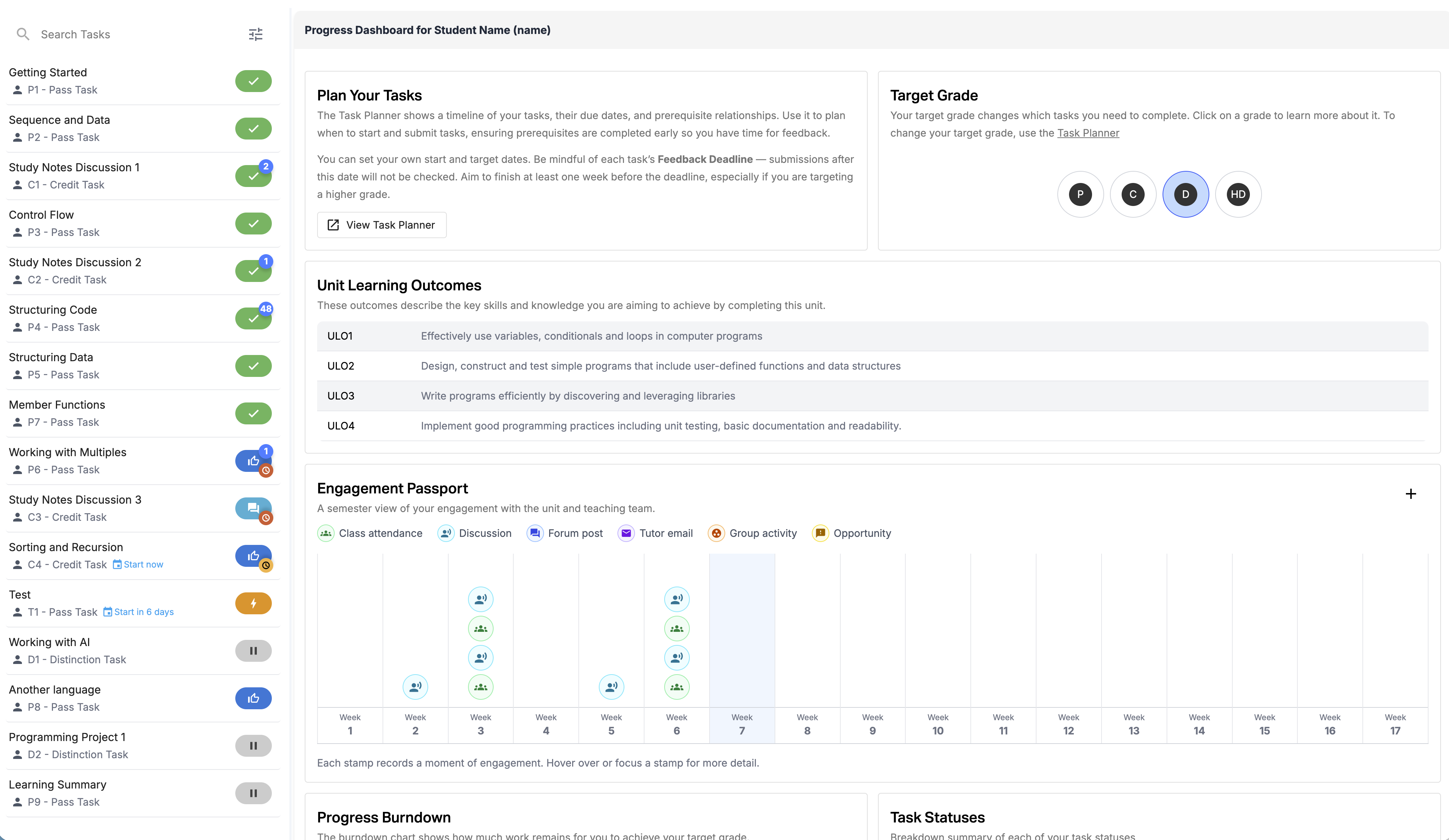The OnTrack student dashboard showing tasks and progress