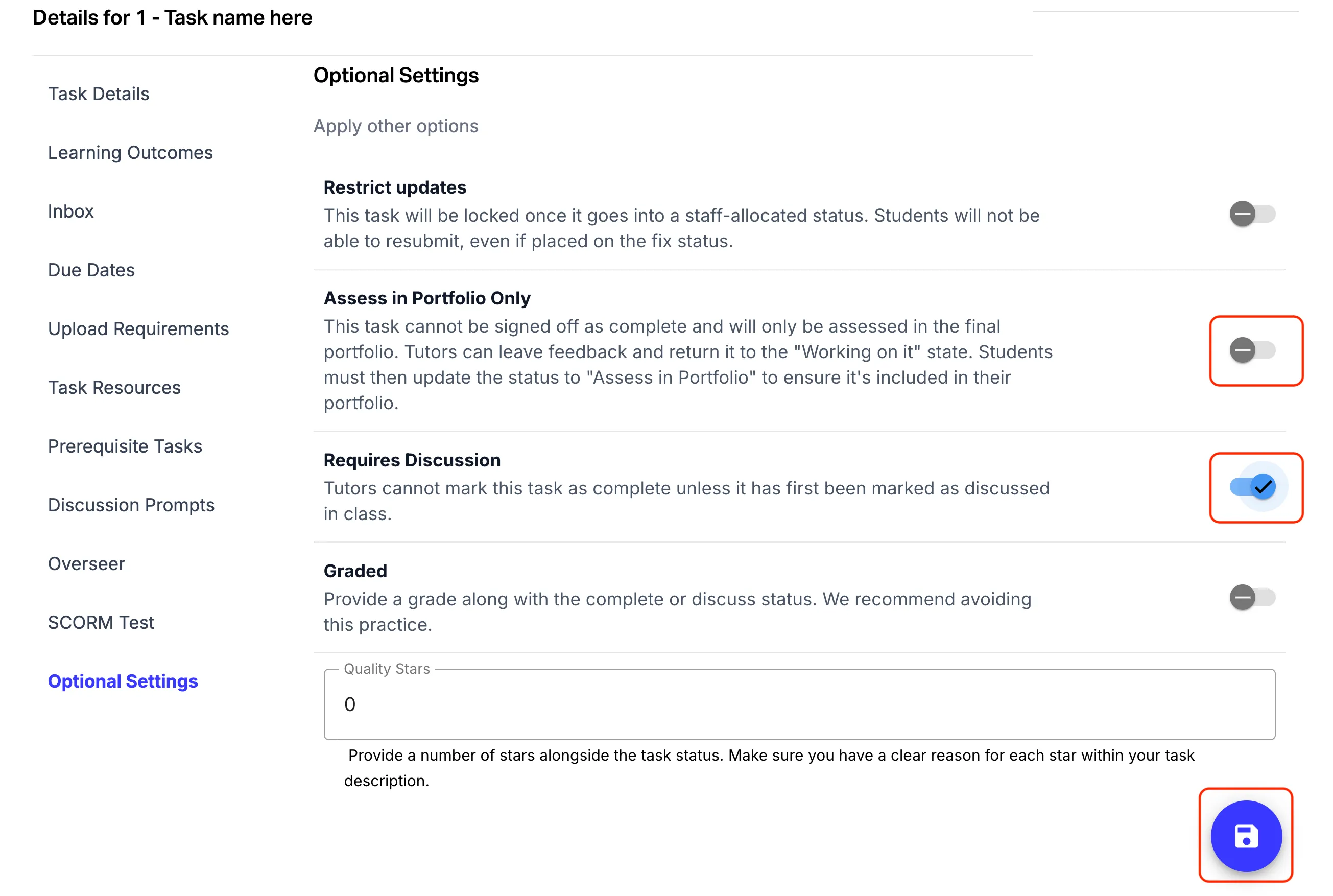 Optional settings and save